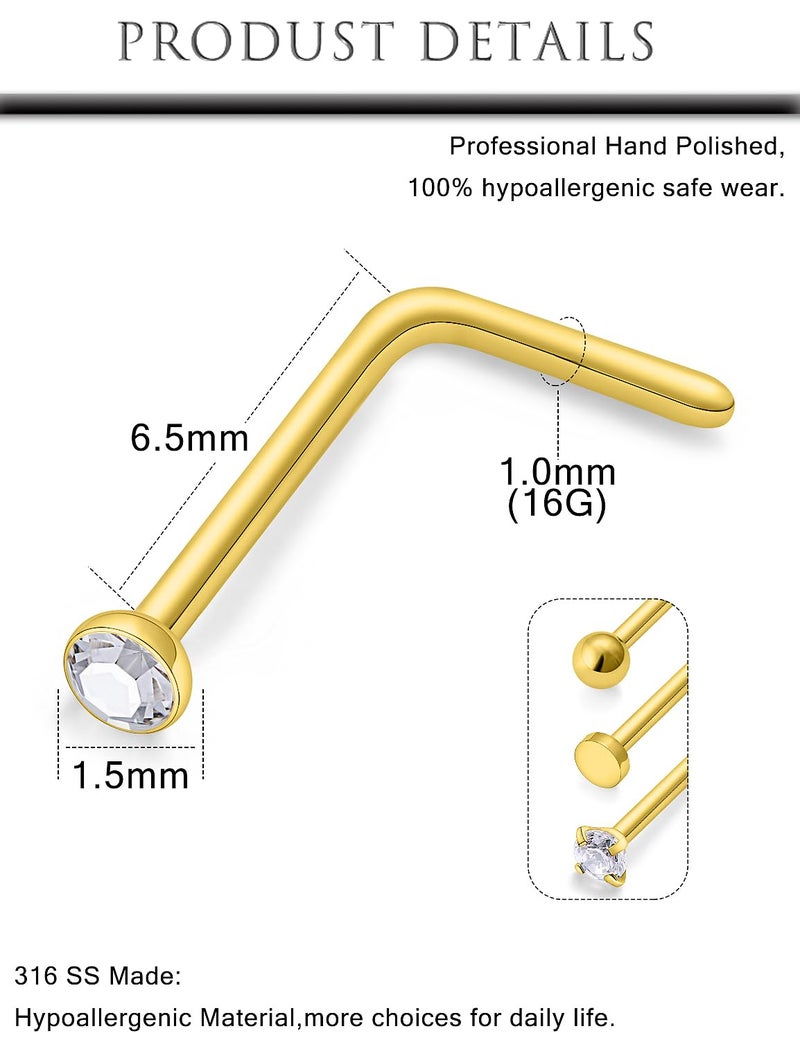 Hoeudjo خواتم أنف هويدجو على شكل حرف L، دبابيس أنف من الفولاذ الجراحي 18G 1.5MM، حلقة أنف كريستالية شفافة، مجوهرات ثقب الجسم للنساء والرجال، لون ذهبي، 16 قطعة - Image 3